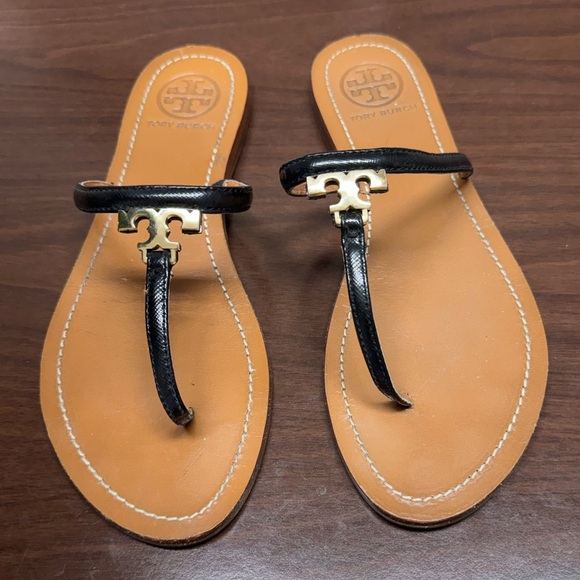 Tory Burch Shoes - Tory Burch Black Leather Logo Thong Sandals with Tan Footbed